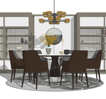 新中式餐桌椅装饰柜组合su模型，餐桌sketchup模型下载