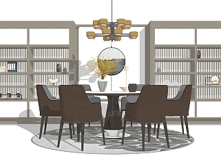 新中式餐桌椅装饰柜组合su模型，餐桌sketchup模型下载