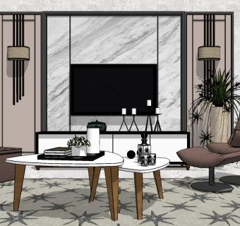 现代电视柜背景墙组合su模型，柜子草图大师模型下载