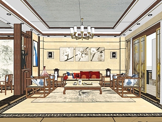  中式客厅su模型，客厅整体sketchup下载