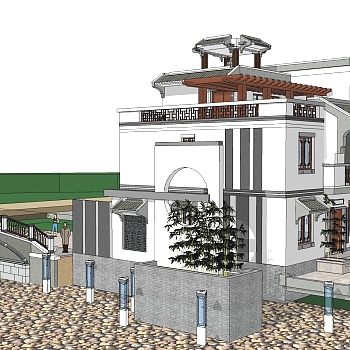 中式别墅建筑草图大师模型，古建民俗sketchup模型免费下载