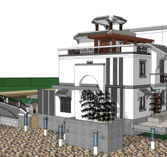 中式别墅建筑草图大师模型，古建民俗sketchup模型免费下载