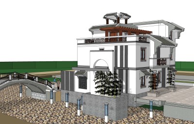 中式别墅建筑草图大师模型，古建民俗sketchup模型免费下载