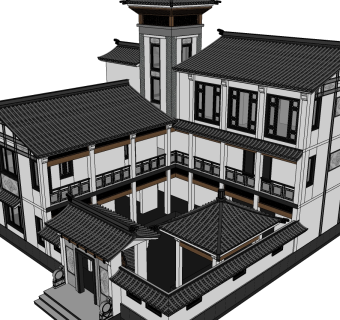 中式别墅庭院su模型下载、中式别墅庭院草图大师模型下载