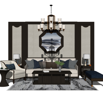 新中式沙发组合su模型，沙发茶几组合skp模型下载