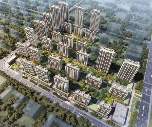中海锦城小区鸟瞰效果图，室外建筑方案效果图制作