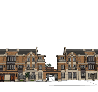 新中式别墅建筑，连排叠加别墅，SU模型免费下载