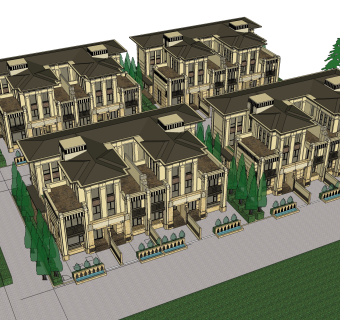 欧式联排别墅sketchup模型，别墅su模型下载