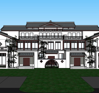 新中式连排别墅su模型免费下载，sketchup别墅草图大师模型