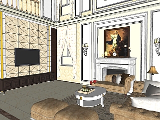 欧式奢华客厅su模型，客厅草图大师模型下载