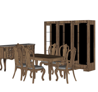 欧式实木餐桌椅su模型，仿古桌子柜子组合草图大师模型下载