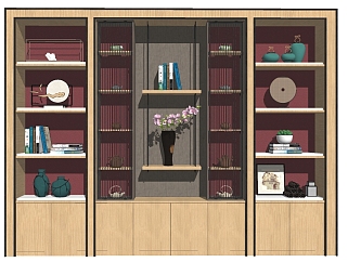 新中式实木装饰柜摆件组合su模型，装饰柜草图大师模型下载