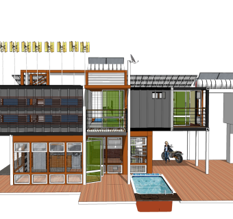 现代集装箱改造房sketchup模型，集装箱房屋草图大师模型下载