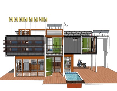 现代集装箱改造房sketchup模型，集装箱房屋草图大师模型下载