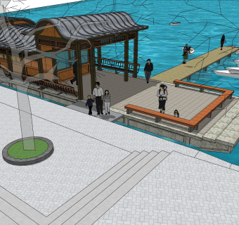 现代码头景观su模型方案，古建民宿草图大师模型分享