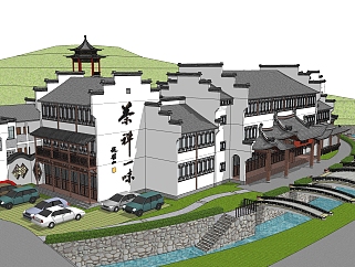 新中式徽派建筑草图大师模型，古建民俗sketchup模型免费下载