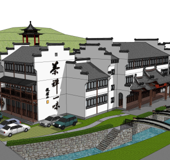 新中式徽派建筑草图大师模型，古建民俗sketchup模型免费下载