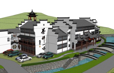 新中式徽派建筑草图大师模型，古建民俗sketchup模型免费下载