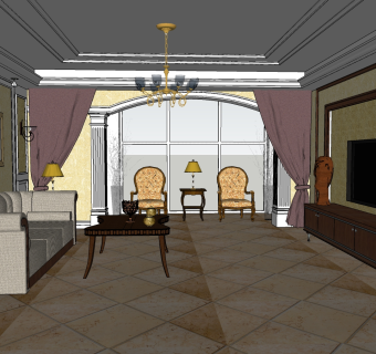 新中式客厅sketchup模型下载，客厅草图大师模型下载
