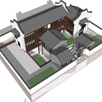 中式别墅建筑草图大师模型，古建民俗sketchup模型免费下载