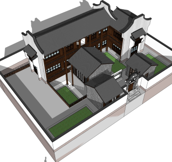中式别墅建筑草图大师模型，古建民俗sketchup模型免费下载