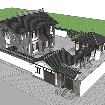 中式别墅建筑草图大师模型，古建民俗sketchup模型免费下载