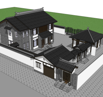 中式别墅建筑草图大师模型，古建民俗sketchup模型免费下载