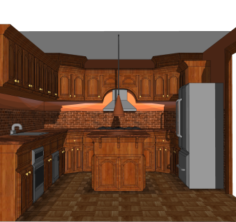 美式实木橱柜草图大师模型，岛形厨房柜sketchup模型下载