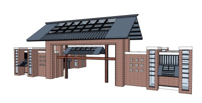 中式景观入口草图大师模型，景观入口SU模型下载