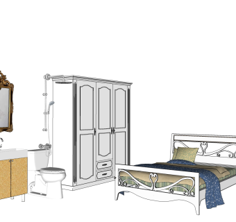 欧式双人床衣柜免费su模型，双人床skp模型下载