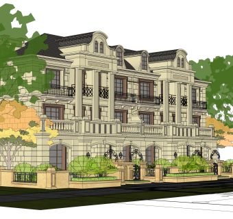 法式连排别墅su模型分享下载，sketchup别墅外观草图大师模型