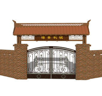 中式院门院墙草图大师模型，院门院墙sketchup模型免费下载