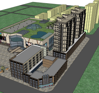 现代酒店外加商场草图大师模型下载、酒店外加商场su模型下载