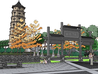 现代中式广场景观草图大师模型，广场景观sketchup模型skp文件分享
