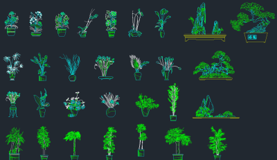 整套植物素材CAD图块，植物立面图纸下载