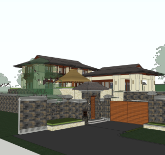 新中式独栋别墅草图大师模型，sketchup别墅su模型下载