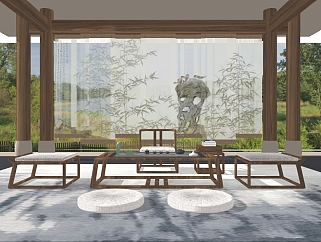 <em>中式</em>茶桌椅组合su模型，茶桌sketchup模型下载
