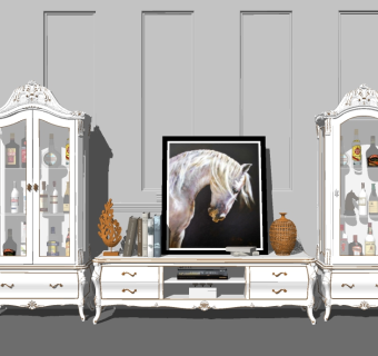 欧式轻奢电视柜酒柜su模型，柜子组合草图大师模型下载