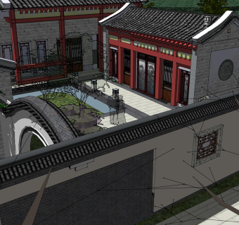 中式别墅庭院su模型下载、中式别墅庭院草图大师模型下载