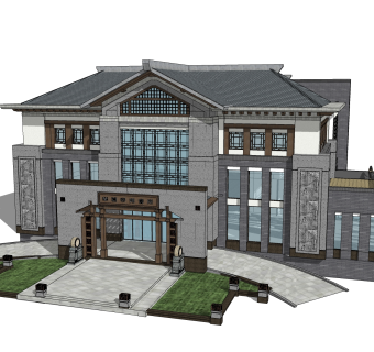 中式别墅建筑草图大师模型，古建民俗sketchup模型免费下载