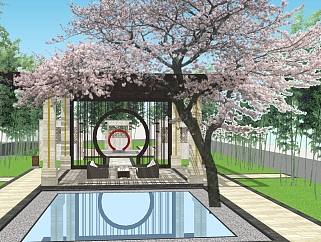 中式庭院景观su模型，庭院景观sketchup模型下载