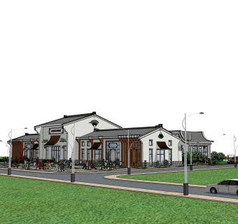 新中式徽派建筑草图大师模型，古建民俗sketchup模型免费下载