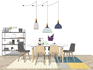 北欧餐厅软装su模型，餐厅餐桌椅灯具组合草图大师模型下载