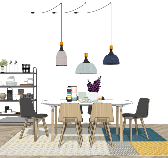 北欧餐厅软装su模型，餐厅餐桌椅灯具组合草图大师模型下载