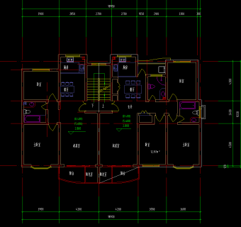 1梯2户户型图CAD施工图，住宅户型图CAD建筑图纸下载