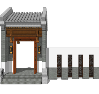 中式院门院墙草图大师模型，院门院墙sketchup模型免费下载