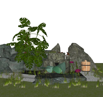 中式假山垒石景观小品草图大师模型下载、假山垒石su模型下载