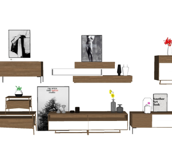 北欧实木电视柜组合su模型，电视柜草图大师模型下载