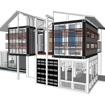 现代集装箱改造房sketchup模型，集装箱房屋草图大师模型下载