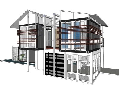 现代集装箱改造房sketchup模型，集装箱房屋草图大师模型下载